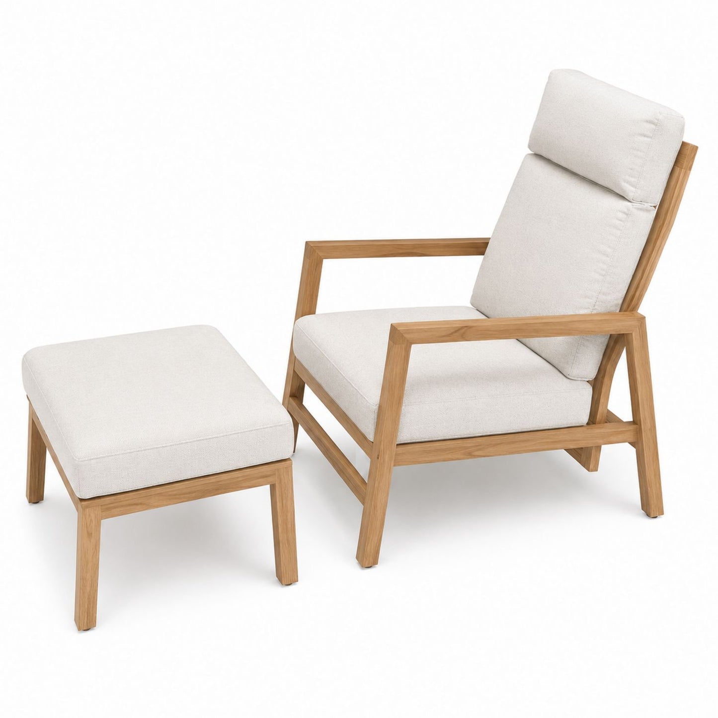 Teak Lounge Chair and Ottoman Set with Beige Cushions