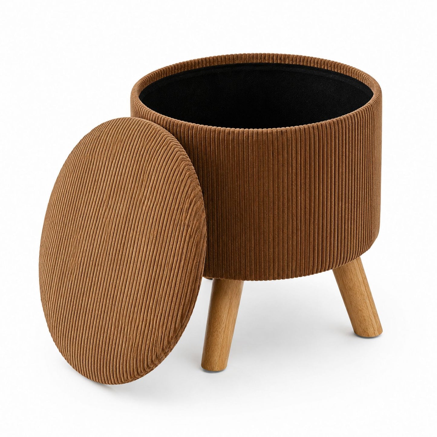 Corduroy Fabric Round Storage Ottoman with Oak Legs Brown 40cm