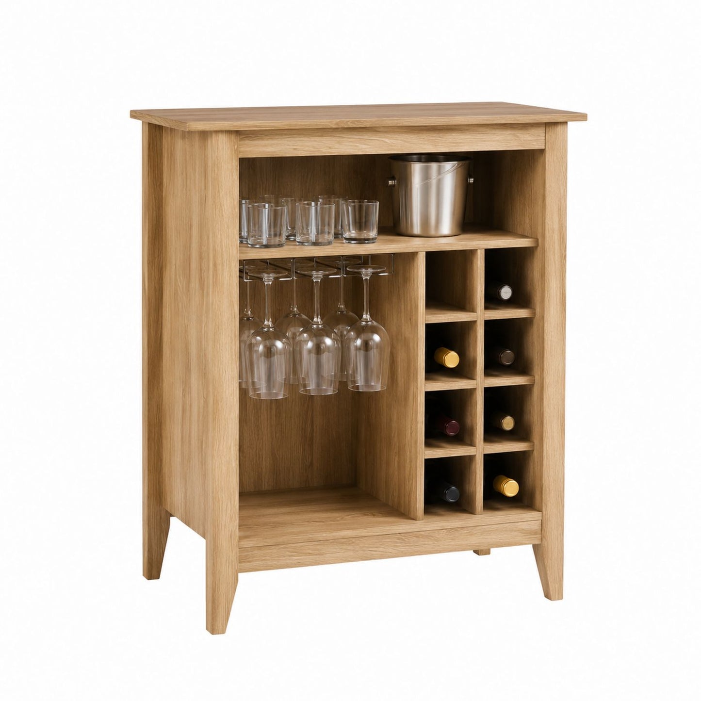 Wood Wine Rack Cabinet with Glass Holder and Storage Compartments - Oak Finish 80cm Height