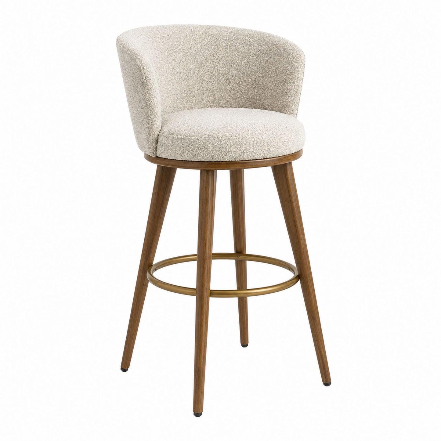 Bouclé Swivel Bar Stool with Walnut Frame and Brass Footrest 110cm