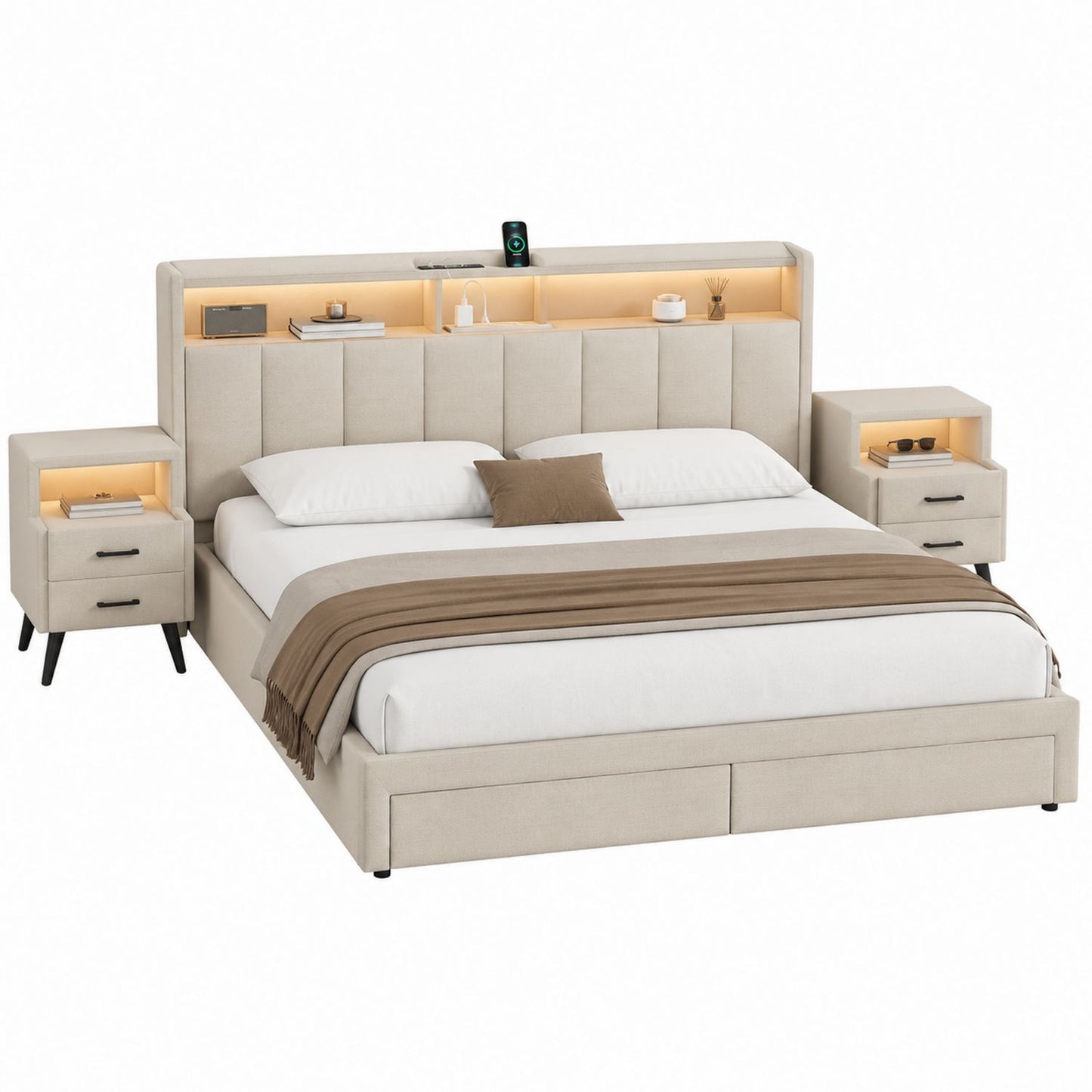 Linen King Size Bed Set with Nightstands and Lighting