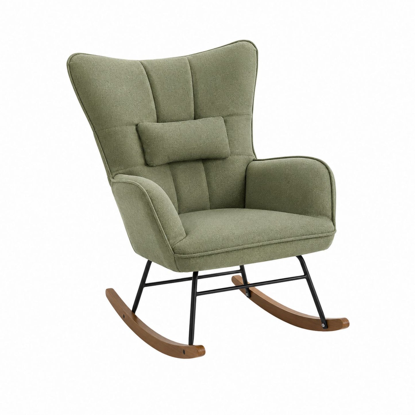 Green Fabric Rocking Chair with Steel Frame and Wooden Legs
