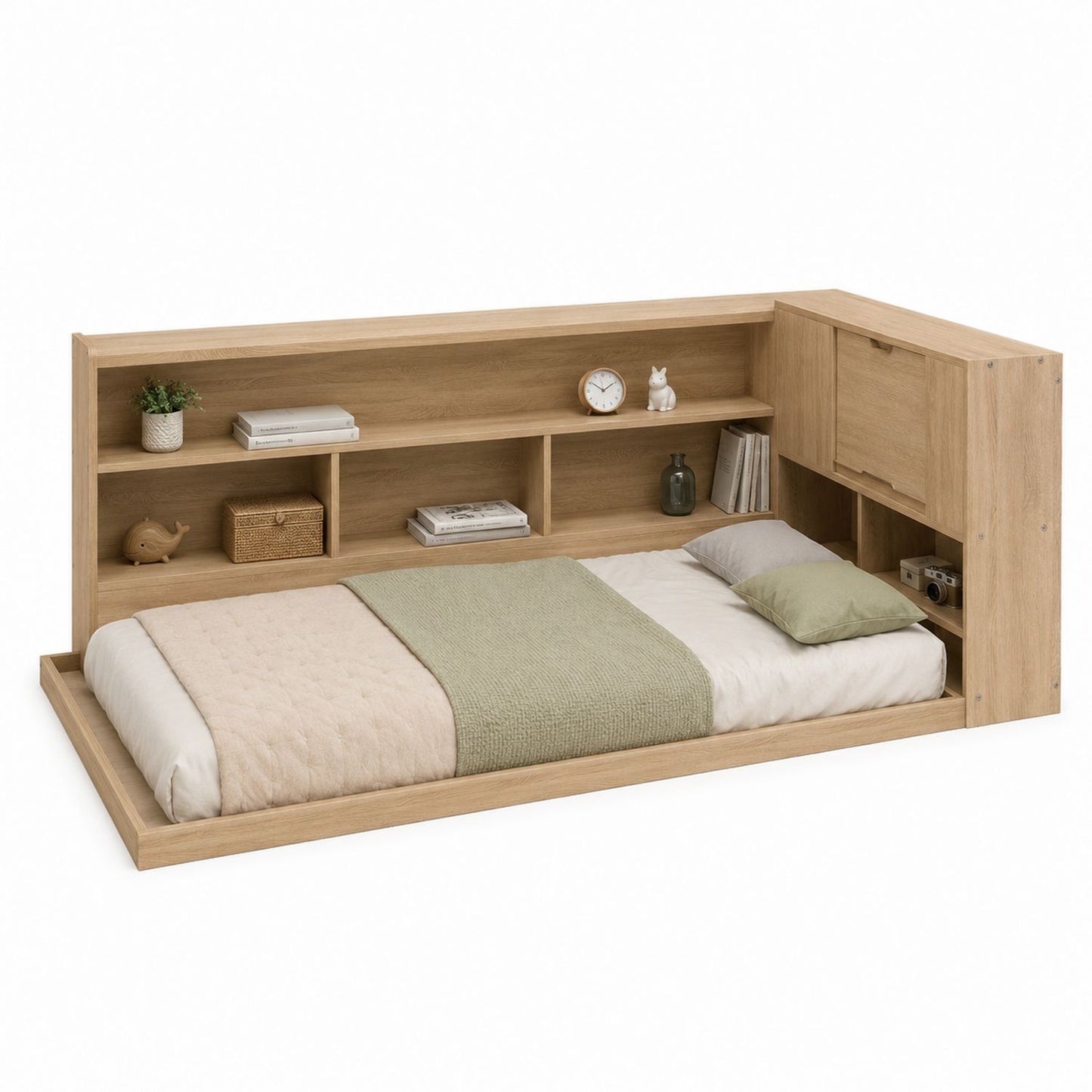 Wooden Single Bed with Shelving Unit, Oak Finish