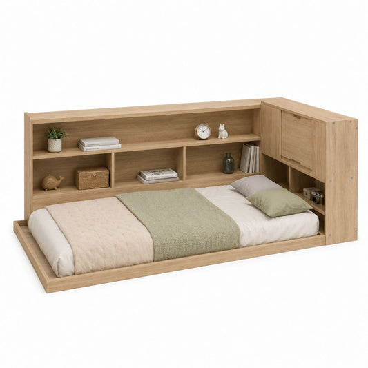 Wooden Single Bed with Shelving Unit, Oak Finish