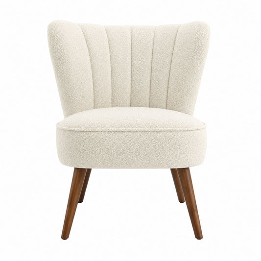 Cream Bouclé Fabric Chair with Wood Legs