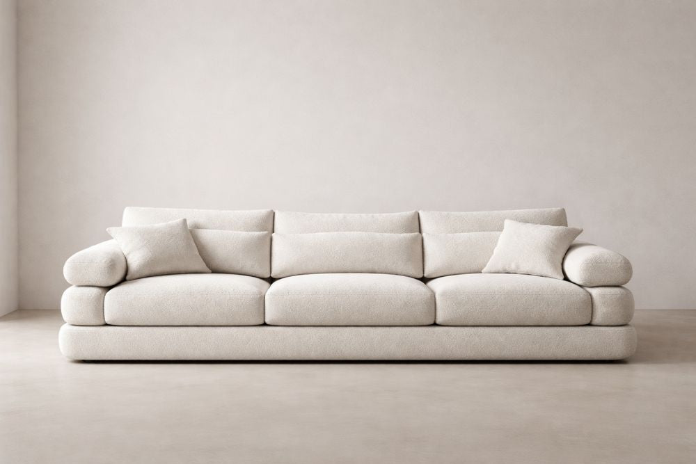 Beige Bouclé Fabric Three-Seater Sofa