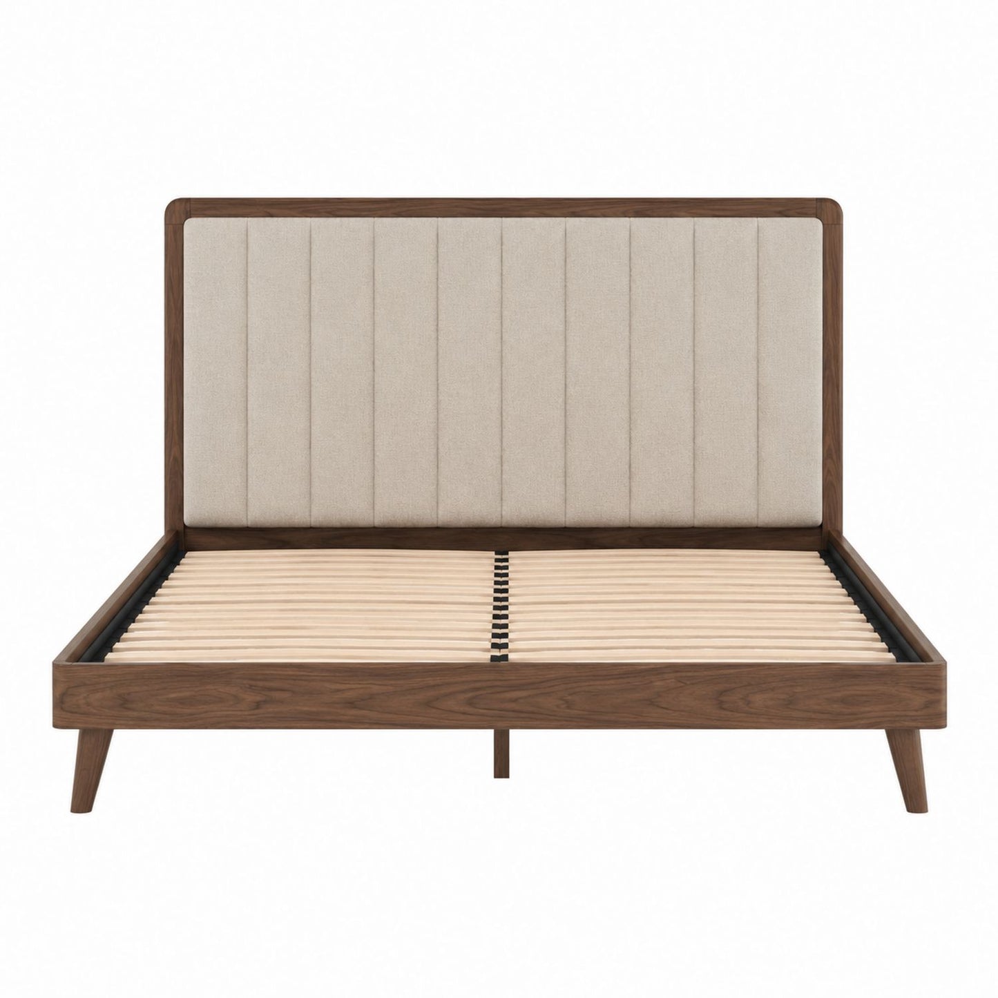 Wood Platform Bed with Upholstered Headboard, Walnut and Beige