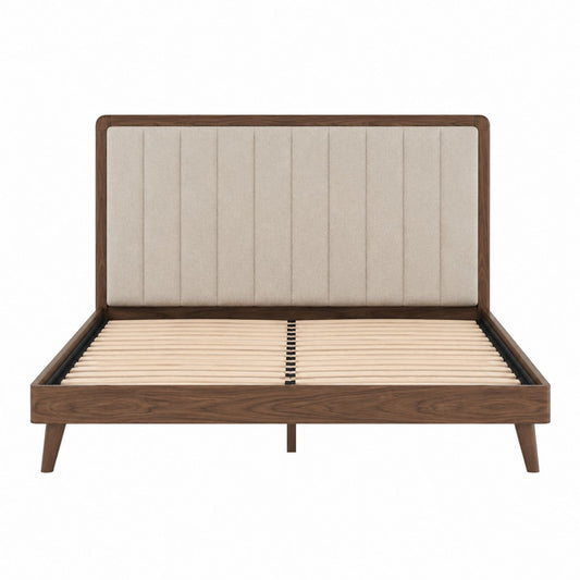 Wood Platform Bed with Upholstered Headboard, Walnut and Beige