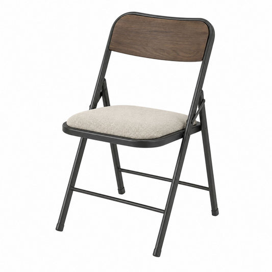 Metal Frame Folding Chair with Upholstered Seat and Wood Veneer Backrest Beige/Brown