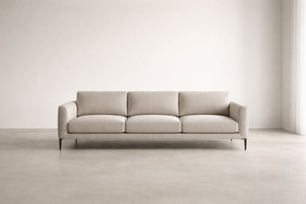 Beige Fabric Three-Seater Sofa with Metal Legs