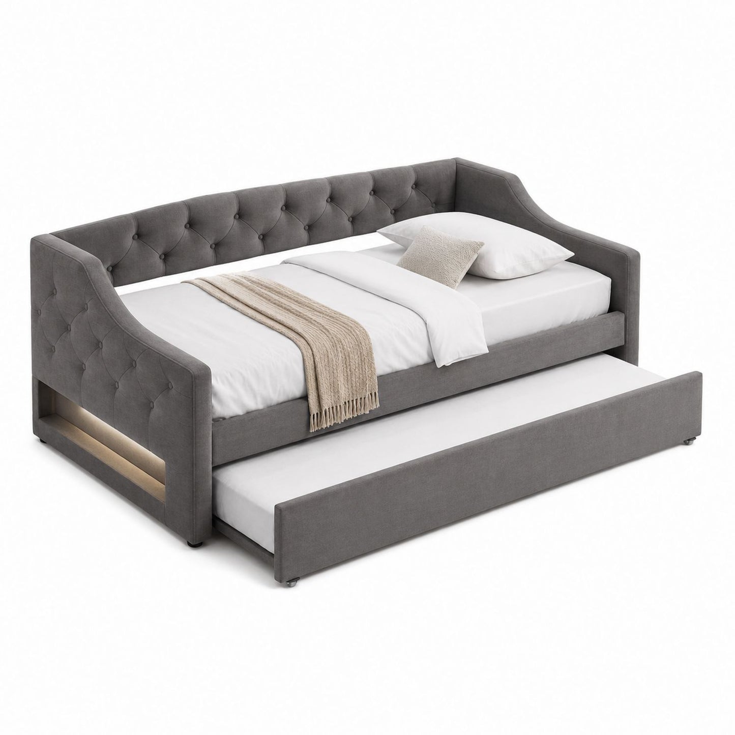 Gray Velvet Upholstered Daybed with Trundle Twin Size 216cm