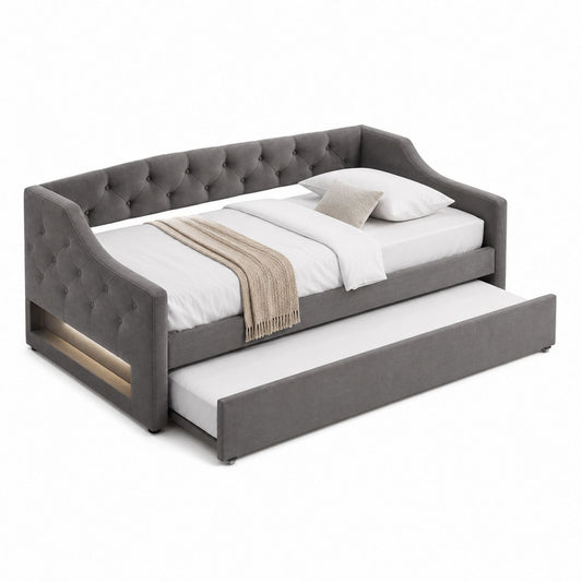 Gray Velvet Upholstered Daybed with Trundle Twin Size 216cm