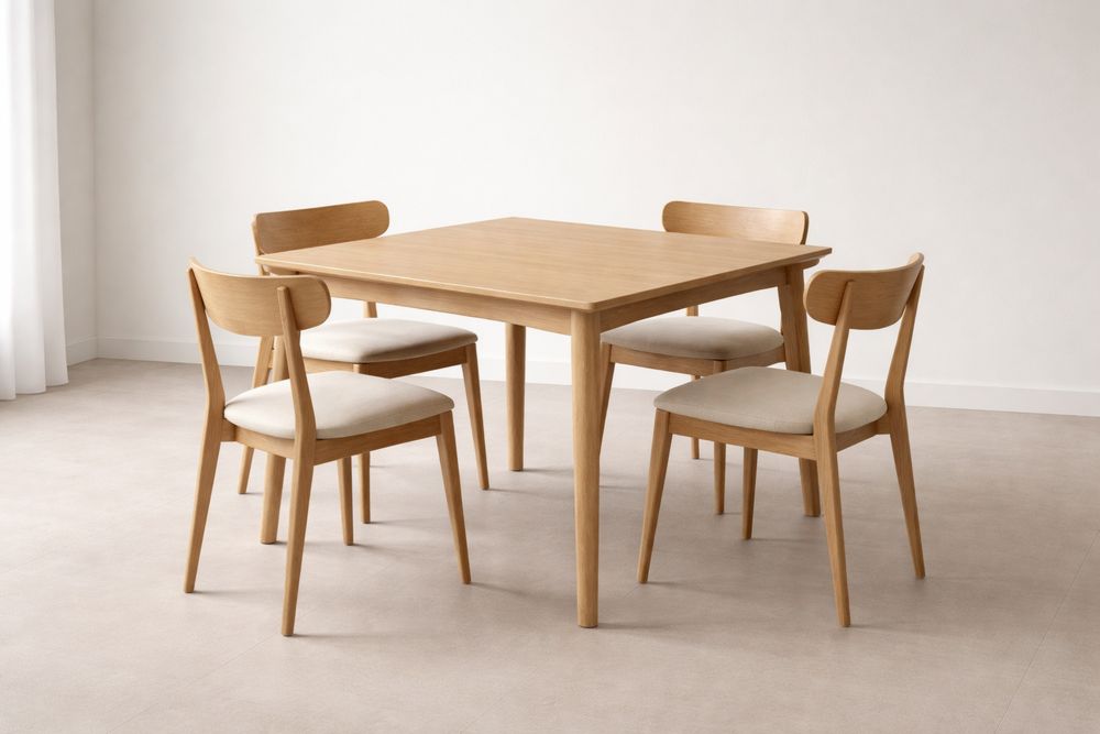 Oak Wood Square Dining Table Set with 4 Chairs and Beige Cushions