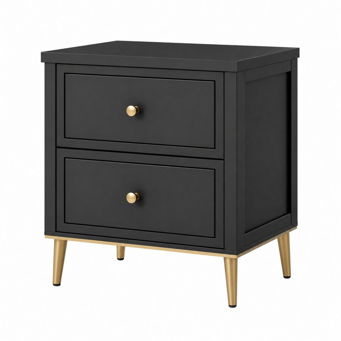 Black MDF Nightstand with Steel Legs and Two Drawers