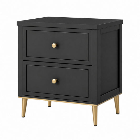 Black MDF Nightstand with Steel Legs and Two Drawers