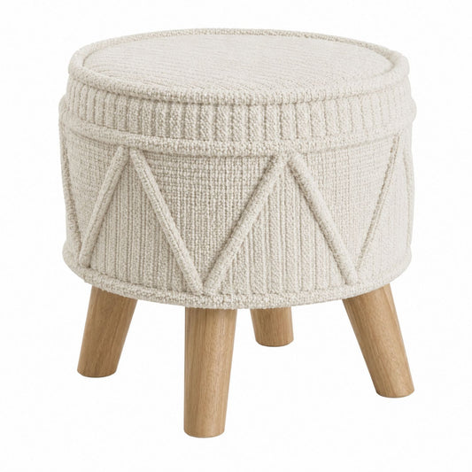 Round Ottoman Cotton Fabric Beige with Wooden Legs 45 cm Diameter