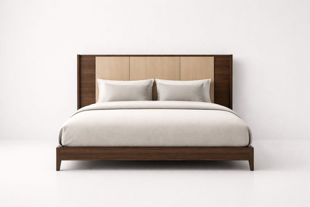 Bed with Walnut and Beech Wood Frame and Upholstered Headboard