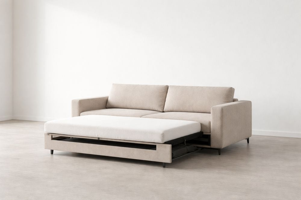 Beige Fabric Convertible Sofa Bed with Storage and Metal Frame