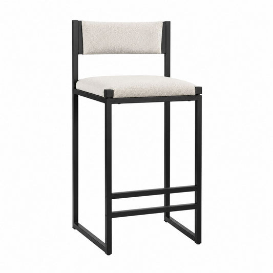 Bar Stool Black Metal Frame Beige Polyester Upholstery 110cm Height
