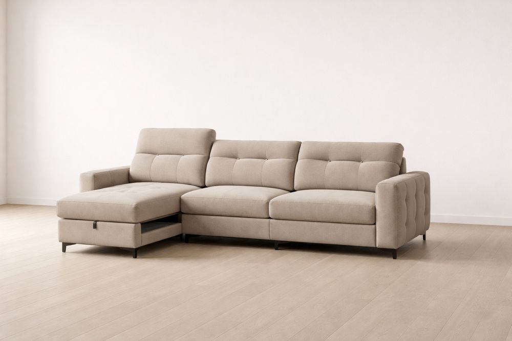 Beige Fabric Sectional Sofa with Chaise and Storage