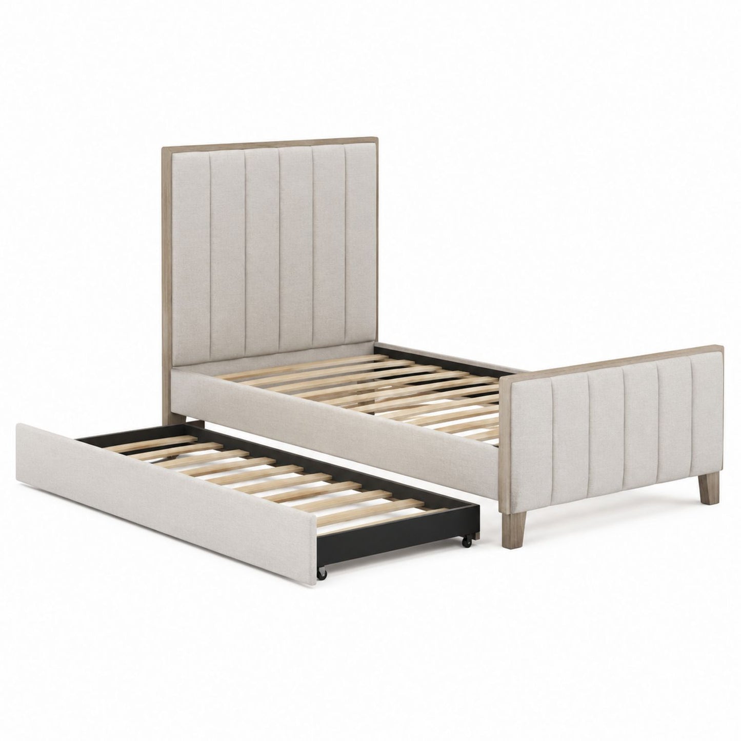 Wood and Upholstered Trundle Bed with Beige Fabric