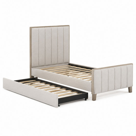 Wood and Upholstered Trundle Bed with Beige Fabric