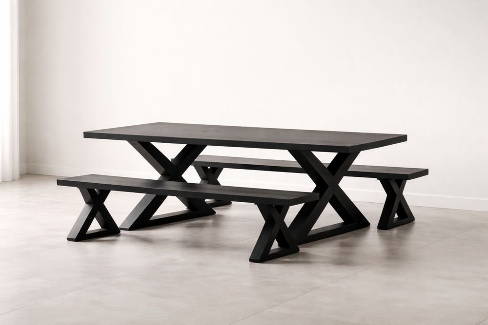 Black Rectangular Dining Table and Bench Set Solid Wood