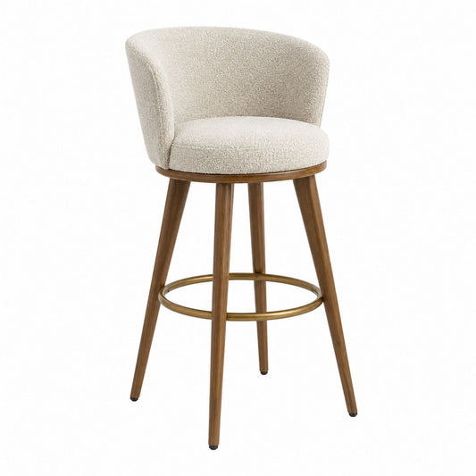 Bouclé Swivel Bar Stool with Walnut Frame and Brass Footrest 110cm
