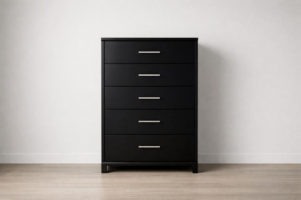 Black 5-Drawer Wooden Dresser with Metal Handles