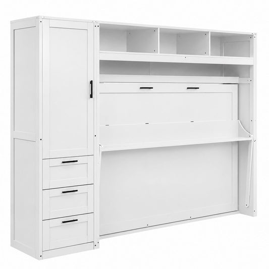 White Wood Murphy Bed with Storage Cabinet and Shelves