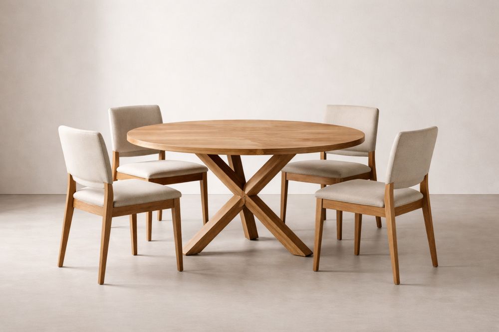 Round Wood Dining Table Set with Upholstered Chairs
