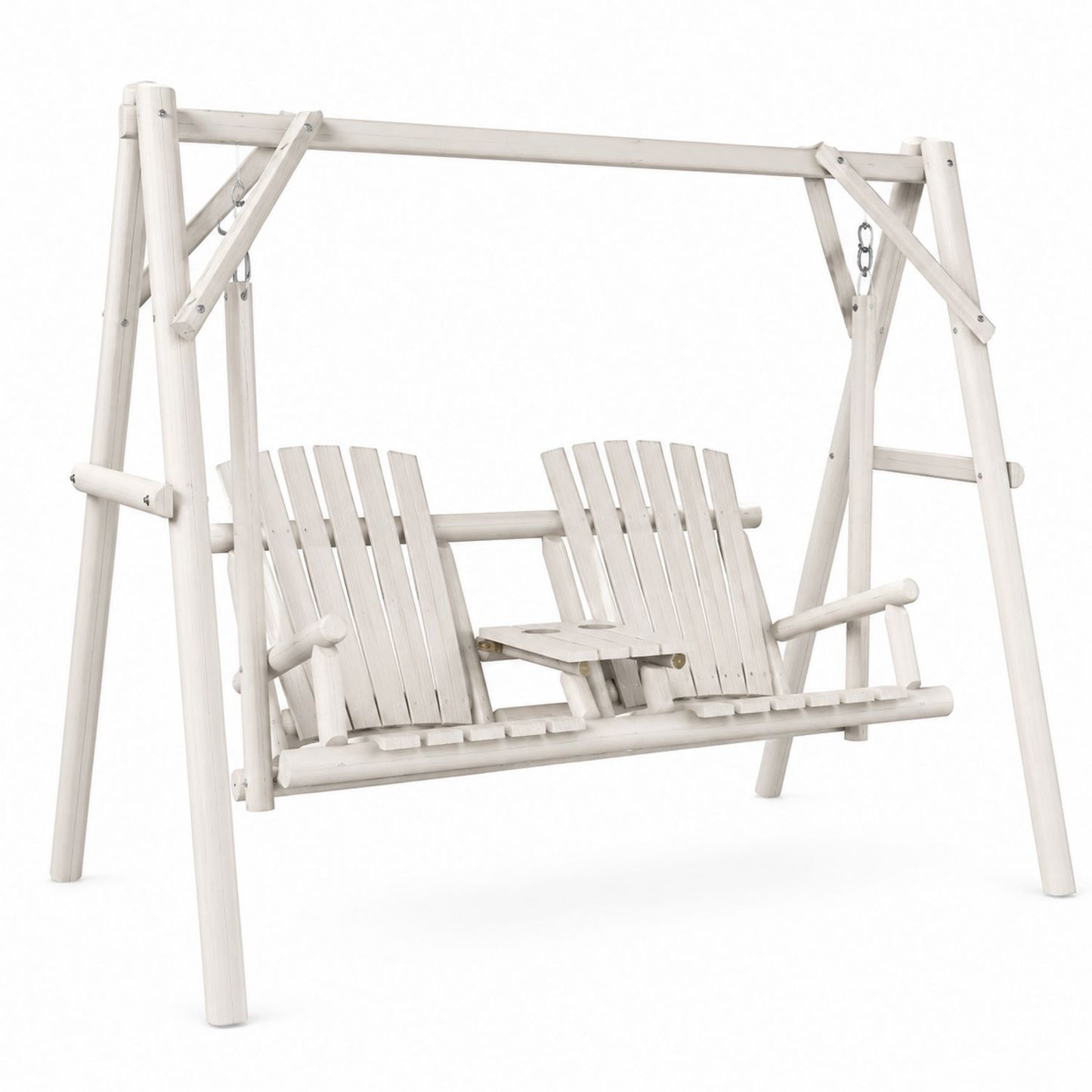 Outdoor Wooden Double Swing Chair with Stand White