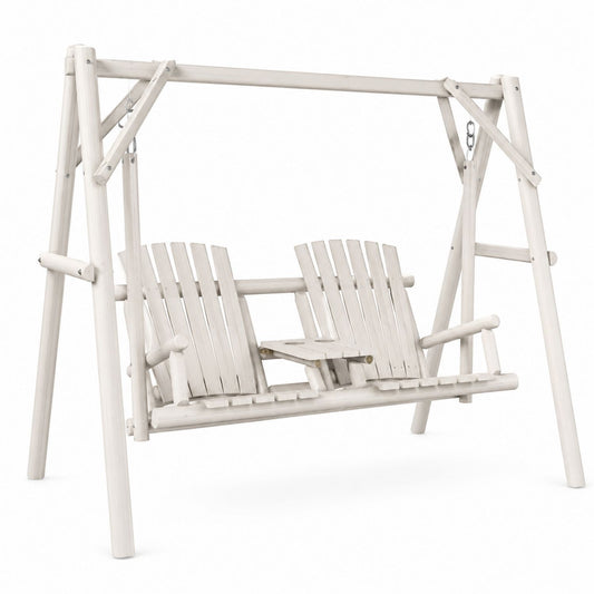 Outdoor Wooden Double Swing Chair with Stand White