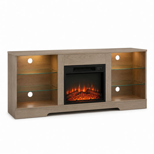Engineered Wood and Glass Electric Fireplace TV Stand with Shelves 60'' Oak