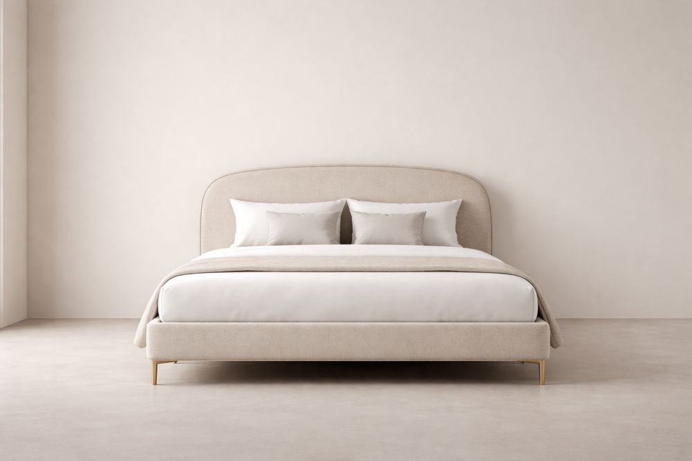 Upholstered Bed Beige Linen Fabric Solid Wood Frame 200cm x 180cm×120 cm