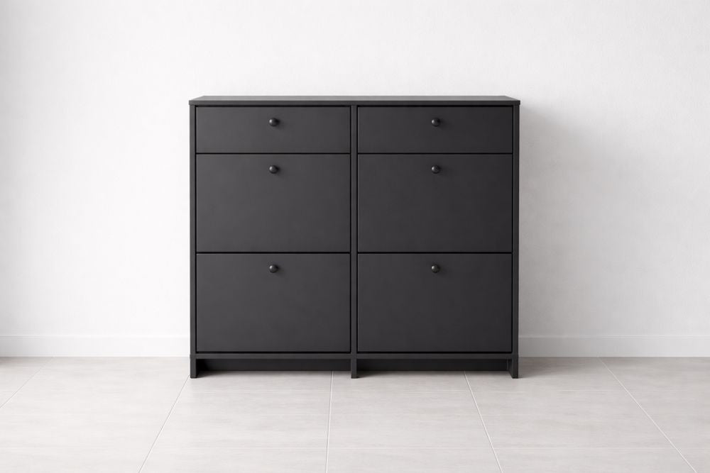 Black Wood Shoe Cabinet with Six Drawers 90x75x25 cm