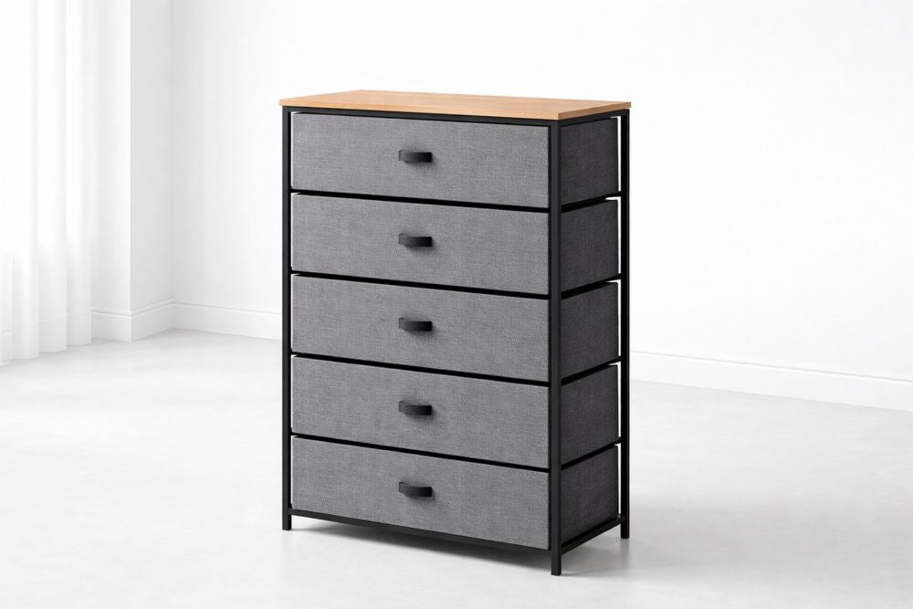 5 Drawer Fabric Dresser with Metal Frame and Wood Composite Top Grey and Black