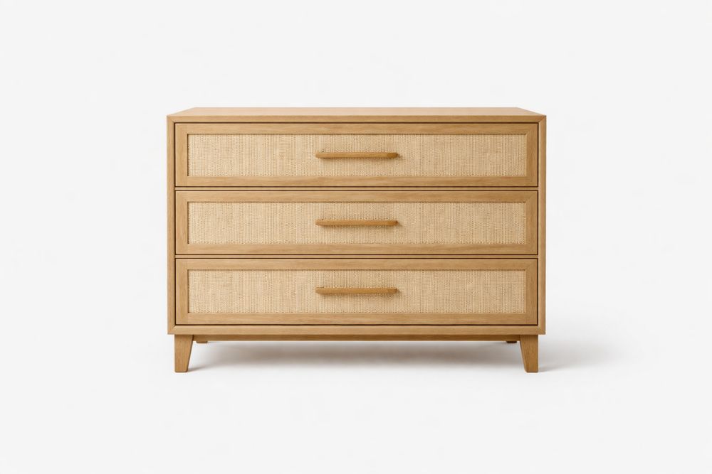 Oak Wood 3-Drawer Chest with Woven Rattan Fronts