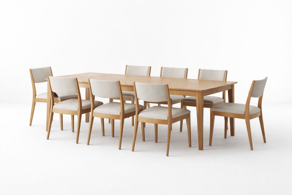 Dining Table Set for 8 with Light Wood Frame and Upholstered Chairs