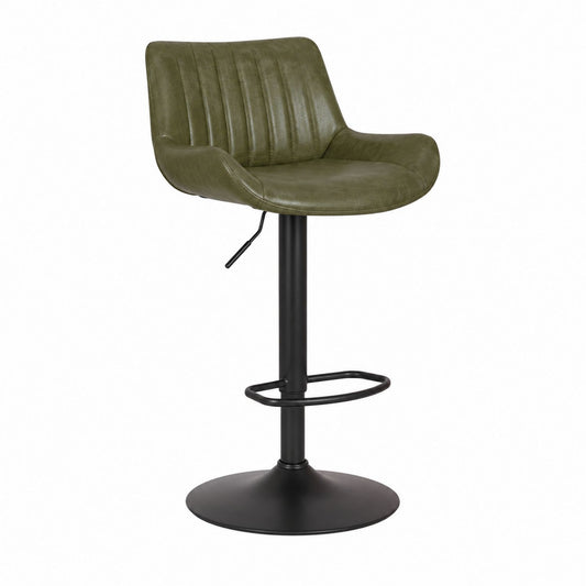 Adjustable Swivel Bar Stool with Leather Seat and Black Metal Base Olive Green
