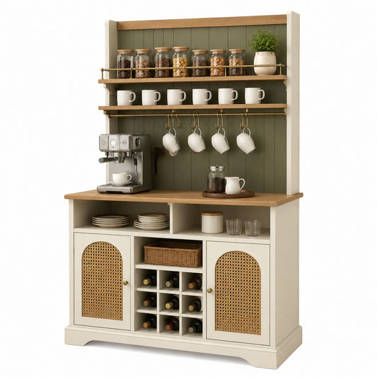 Wood and Cane Sideboard with Wine Rack and Shelving