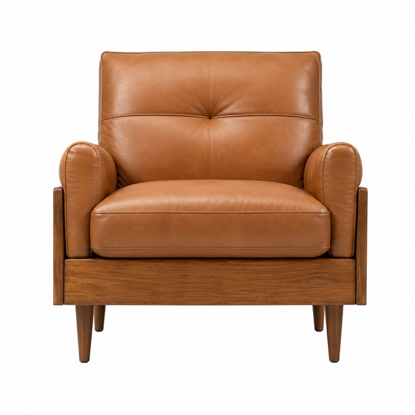 Brown Leather Armchair with Wooden Frame