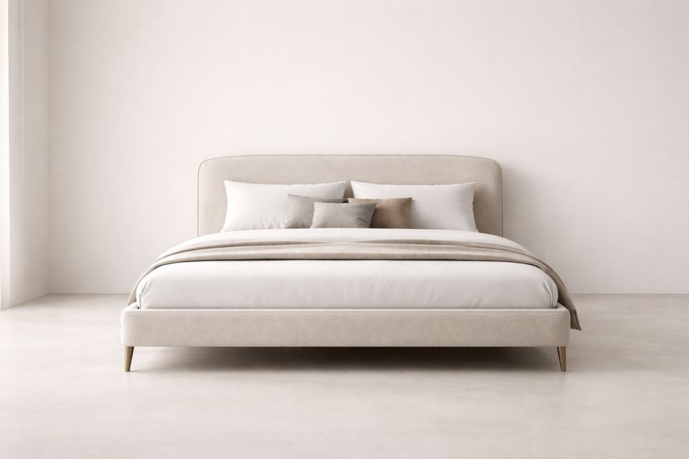Beige Fabric Upholstered Bed Frame with Wooden Legs